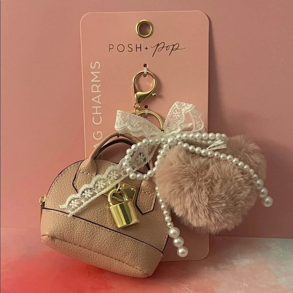 Posh + Pop Beige Bag Charm with Pom Pom - Picture 1 of 1